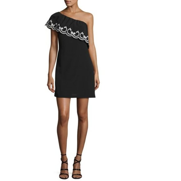 Ramy Brook Darla Lace-Trim One-Shoulder Mini Dress, Black/Ivory - Picture 1 of 3